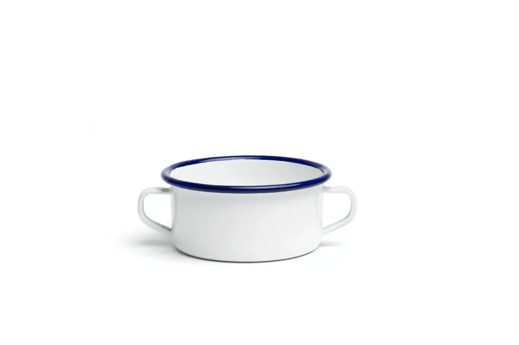 Cazuela Enamel blanca filo azul con asas 10 cm