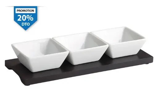 [B1652] Soporte Madera Negro C/3 Bol Ming Porcelana 8X8 Cm. 27X10 Cm.
