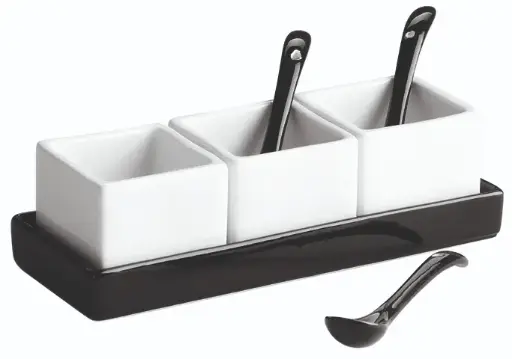 [B1532] Juego 3 salseras cebra con bandeja 5x5x4 cm 5 cl