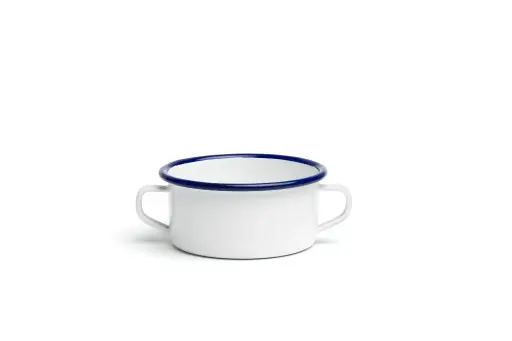 [7525] Cazuela Enamel blanca filo azul con asas 10 cm